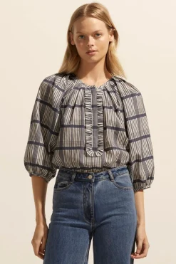 zoe kratzmann Refine Top-Ink/Porcelain Check|Women Tops