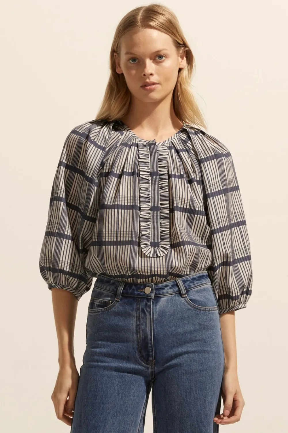 zoe kratzmann Refine Top-Ink/Porcelain Check|Women Tops