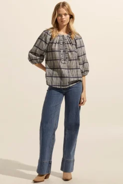 zoe kratzmann Refine Top-Ink/Porcelain Check|Women Tops