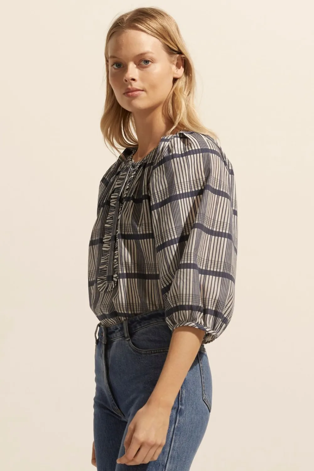 zoe kratzmann Refine Top-Ink/Porcelain Check|Women Tops
